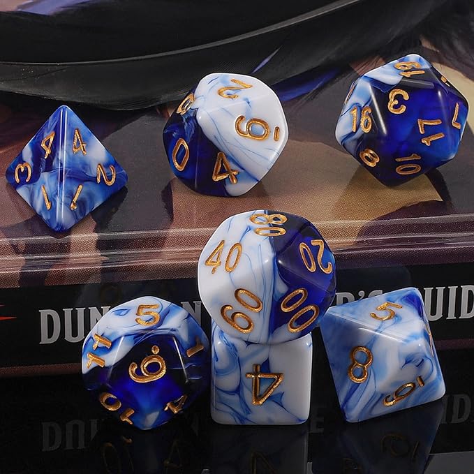 QMAY DND Dice Set - 7 Pcs Polyhedral Dice with D&D Dice Bag for Dungeon and Dragons, RPG, MTG, Role Playing Games Dice (Blue Mix White)