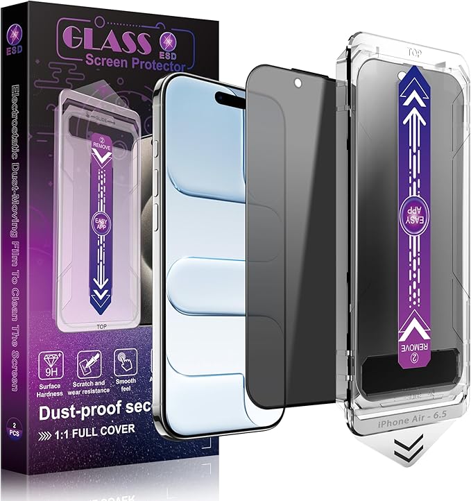 Privacy Screen Protector for iPhone Air 6.5-Inch, Auto Dust Removal, 9H Tempered Glass, Full Cover, Anti-Fingerprint, Easy Installation,2 Pack