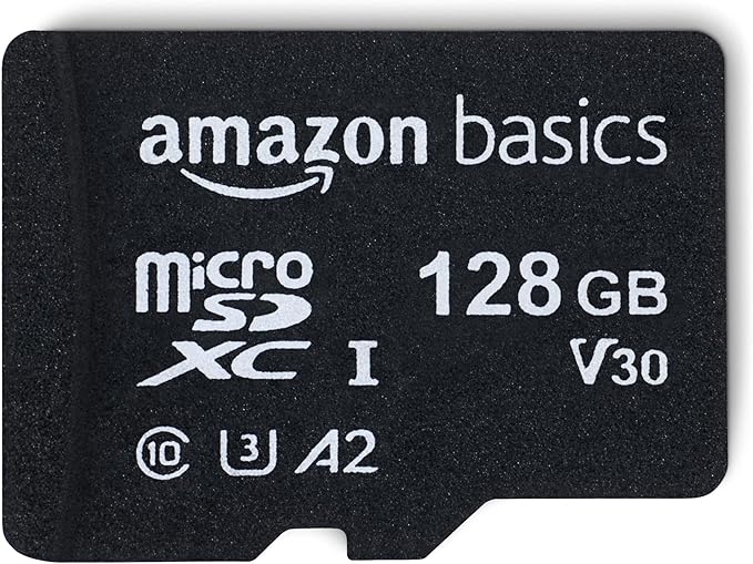 Amazon Basics Micro SDXC Memory Card with Full Size Adapter, A2, U3, Read Speed up to 100 MB/s, 128 GB, Black