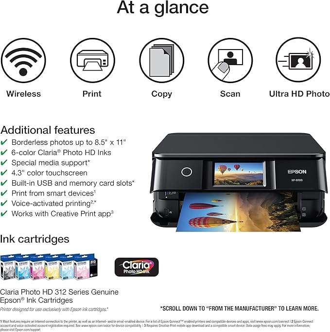 Epson Expression Photo XP-8700 Wireless All-in-One Printer with Built-in Scanner and Copier and 4.3" Color Touchscreen, Black