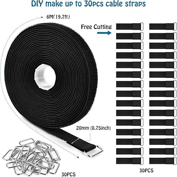 0.75"x19.7ft Hook and Loop Straps with 30 Buckles Adjustable Cut-to-Length Cable Ties - Reusable Nylon Fastening Tape Cable Straps for Storage or Organization (0.75in x 19.7ft)