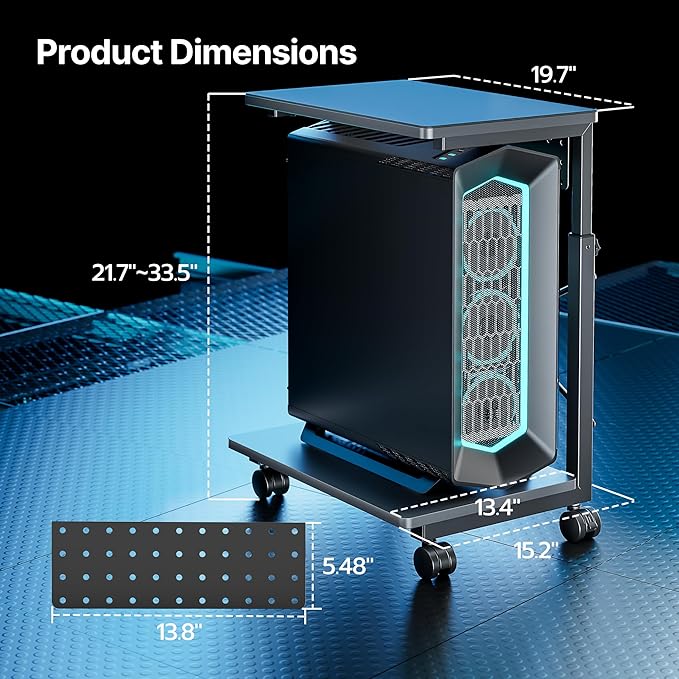 ARES WING Height Adjustable Computer Tower Stand, 2-Tier PC Tower Stand for Most PC, CPU Holder Cart with Locking Wheels for Gaming Home Office, 21.7"-33.5" Height