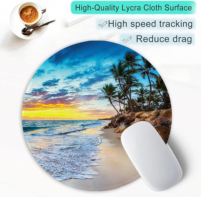 ITNRSIIET Round Mouse Pad with Stitched Edge Premium-Textured Waterproof Non-Slip Rubber Base Desktop Protection Mat Diameter 8.7 inches, Beach