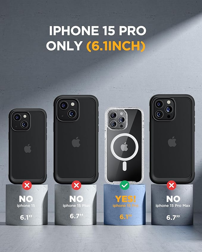 Miracase Magnetic for iPhone 15 Pro Case [Compatible with MagSafe] Full-Body Phone case with Built-in Glass Screen Protector& Camera Protector, Military Drop Proof 15 Pro Cover, Magnetic Clear Glitter