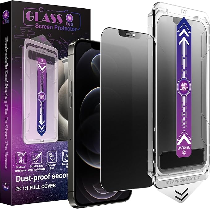 2 Pack Matte Privacy Screen Protector for iPhone 12 Pro Max, 9H Tempered Glass, Full Coverage, Anti-Fingerprint, Auto Dust-Elimination, No Bubble, Easy Installation