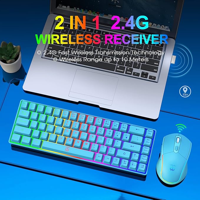 Snpurdiri 60% Wireless Gaming Keyboard and Mouse Combo,LED Backlit Rechargeable 2000mAh Battery,Small Membrane But Mechanical Feel Keyboard + Popular RGB Mice for Gaming,Business Office(Blue)