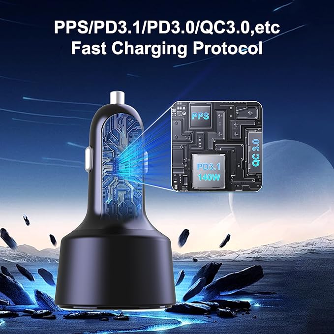 205W USB C Car Charger, 3-Ports PD3.1/PPS/QC3.0 Fast Charging Type C Cigarette Lighter Adapter for MacBook Pro Laptop, iPhone 16/15/14/13/12, Galaxy S24/S23 Ultra etc