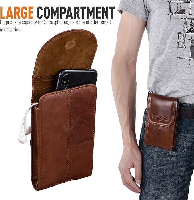Hengwin Genuine Leather Cell Phone Holster Belt Case with Belt Clip Vertical Phone Holder Fits for iPhone 17 Pro Max 16 Pro Max 15 Plus Samsung Galaxy A55 Note9 S25+ S23+ Holster Belt Pouch (Brown)
