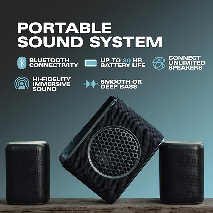 Rocksteady Stadium 2: Four Speakers and One Subwoofer Bundle - Immersive, connectible, and up to 150 ft of Range. Up to 30 Hours of Battery Life.