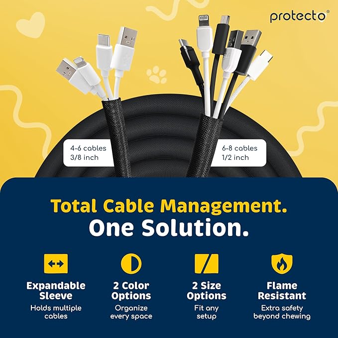 PROTECTO Heavy Duty Dog & Cat Cord Protector 10ft - Easy-to-Use Critter Cord Cover for Pet - Clear Odorless Black Color - No Chew Solution for Power, Audio & Video Wire - Tubing
