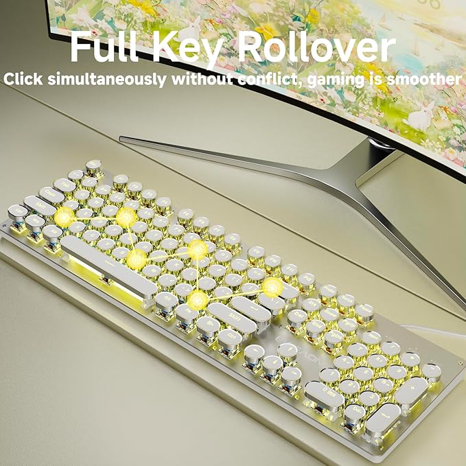 EWEADN TK100 Typewriter Style Wired Mechanical Keyboard, 104 Keys Aesthetic Typewriter Keyboard with Yellow Backlit, Anti-Ghosting, Blue Switch Cool Keyboards-White