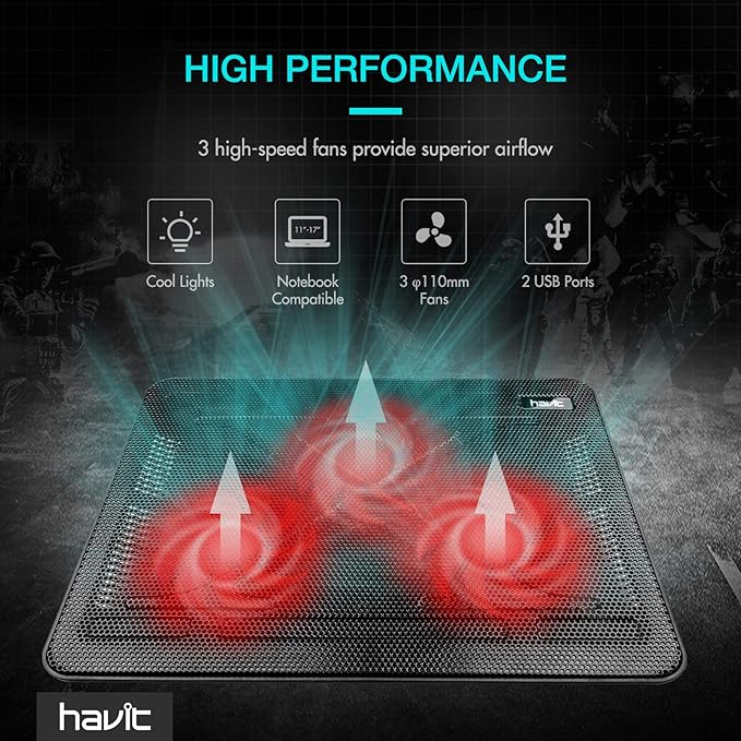 Havit HV-F2056 15.6-17 Inch Laptop Cooler Cooling Pad - Slim Portable USB Powered (3 Fans) (Black+Red)