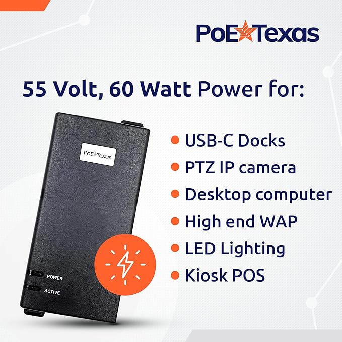 Poe Texas 60 watt PoE Injector - 802.3bt PoE++ Single Port 4-Pair Power Over Ethernet Injector - Active PoE Adapter with 55V 60W Output - 10/100/1000 Gigabit Data - Mode A/B Wall Mount Plug & Play