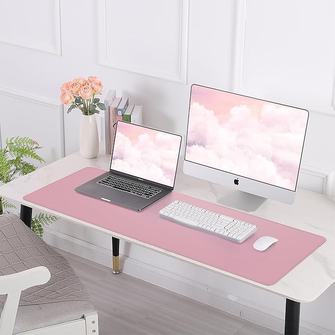 Leather Desk pad Protector, Large Desk mat with Natural Cork & PU Leather,Mouse pad,Non-Slip Office Desk Mat,Waterproof Desk Writing Pad for Office and Home (47in*17in,Rose Pink)