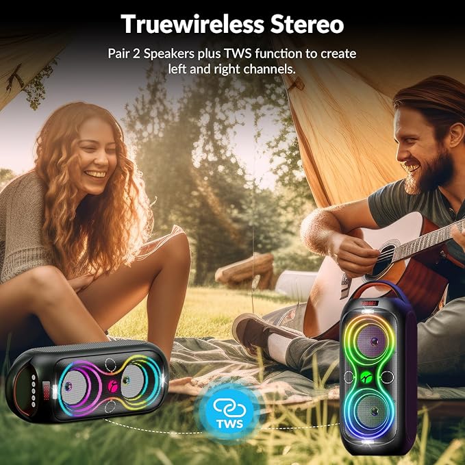 Portable Bluetooth Speaker with 120dB Loud Sound, Dynamic LED Lights, 5 RGB Modes, Bluetooth 5.3, USB/TF/AUX/FM/Mic Input/TWS, Built-in Handle, Party Speaker for Home, Outdoor, Party, Camping (RGB)