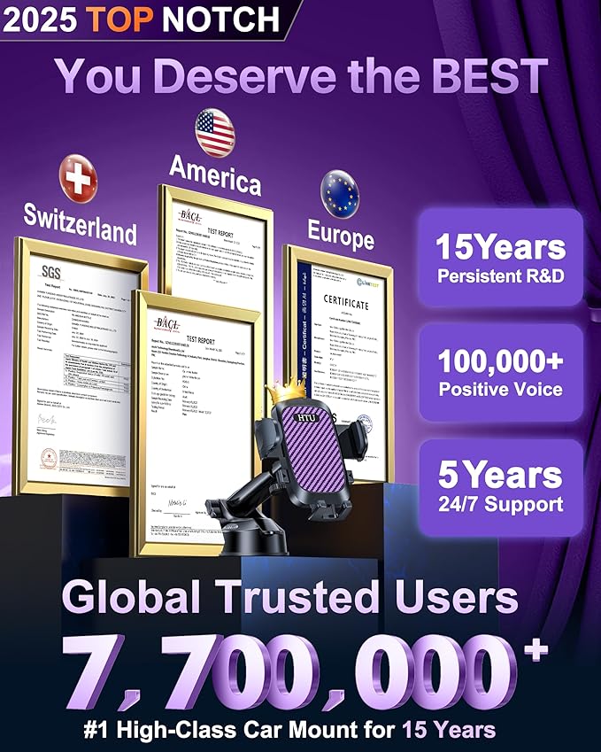 HTU 2025 Best Car Phone Holder 【Ultimate 5-in-1 & Upgraded 100+LBS Strongest Suction】【True Military-Grade & Safety Cert】 360° Windshield Dashboard Vent Mount Stand for iPhone Android & Truck, Purple