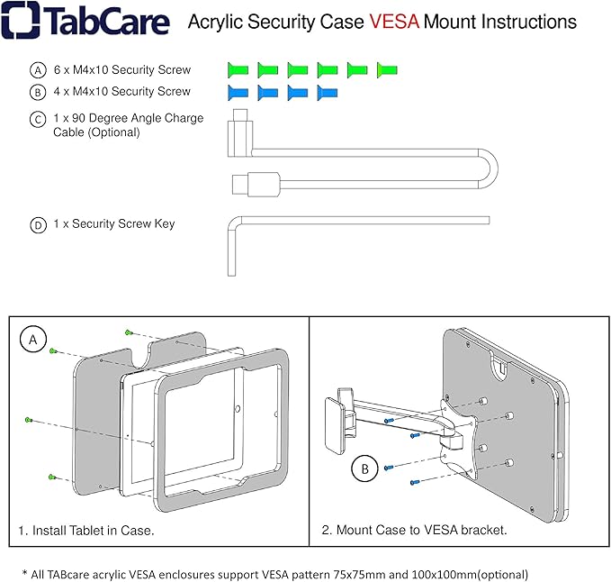 TABcare Anti-Theft Acrylic VESA Enclosure for Apple iPad 2/3/4 9.7" with Free Wall Mount Kit & 90-Degree Angle Charge Cable (iPad 2/3/4 9.7", White)