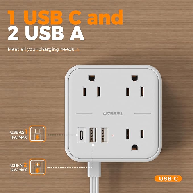 Extension Cord with Multiple Outlets 5 FT, TESSAN Small Flat Plug Power Strip with 3 USB (1 USB C) and 3 AC, Surge Protector Charging Station for Office, School, Dorm Room Essentials, White