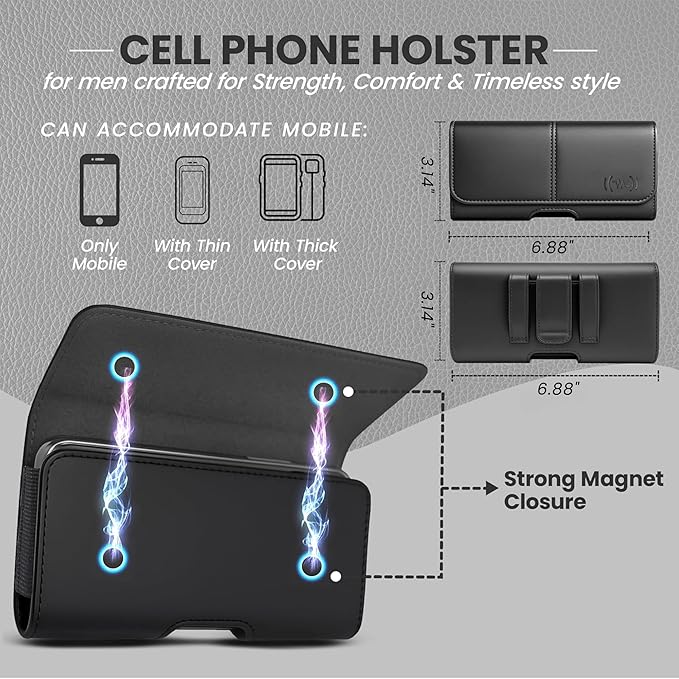 Phone Holster for Men & Women, Horizontal Cell Phone Case, Fits iPhone 17/16/15/14/13/12 Pro Max, Belt Clip/Loop Carrying Phone Pouch Holder, Black X-Large