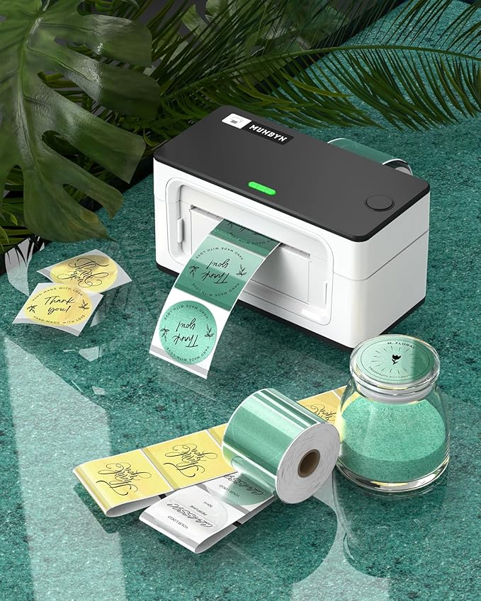 MUNBYN 2 Inch (50.8x50.8mm) Green Transparent Thermal Labels, Round Fine Glitter Printable Thermal Stickers for Small Businesses, 500 Labels/1 Roll