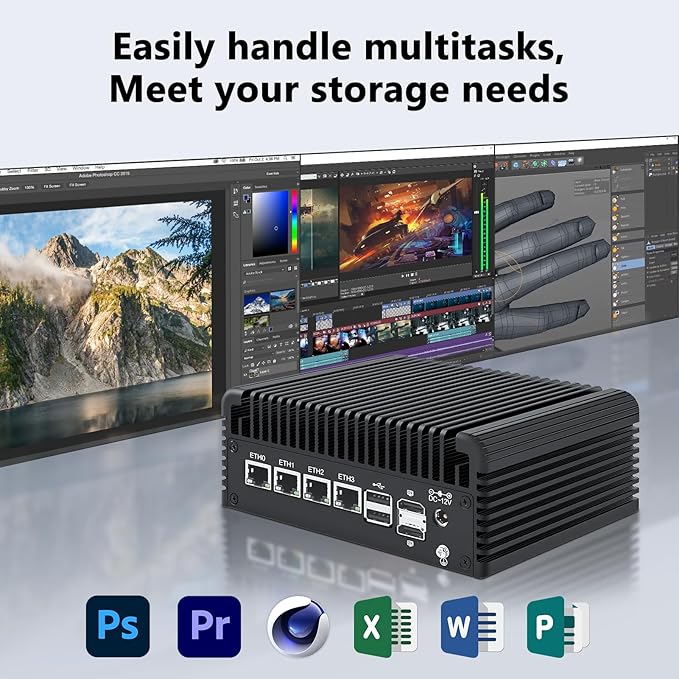 Firewall Micro Appliance Core N150,4xi226-V 2.5G Fanless Mini PC,DDR5,2*NVMe 2*SATA,6*USB,2*HDMI,Type-C,DP,Firewall Mini PC NAS Server