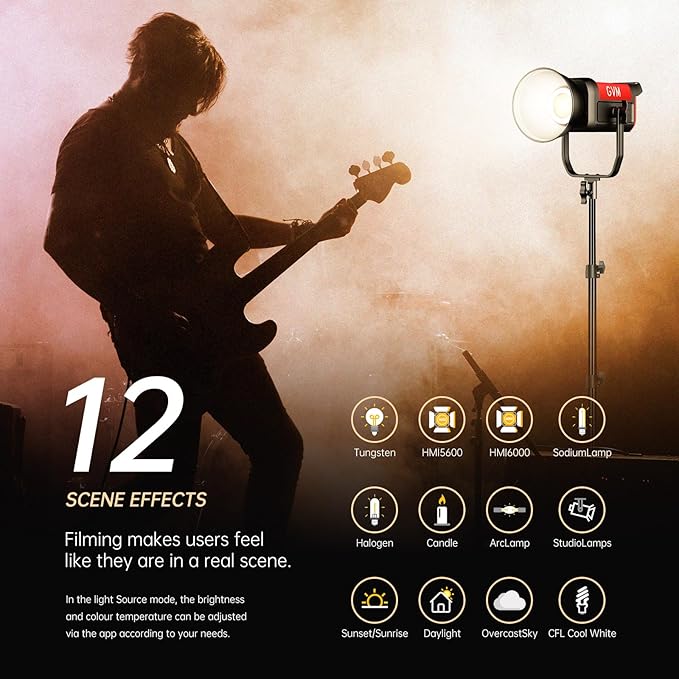 GVM Photography Lighting 300W Bi-Color Studio Lights with 45°Standard Reflector 65700Lux@1m CCT 2700~6800K 12Lighting Scenes App Control LED Video Light