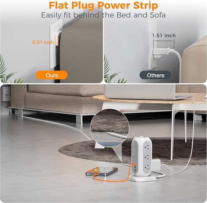 15 ft Extension Cord Tower Power Strip, 11 Outlets 3 USB(1 USB-C) Chargers, TESSAN Surge Protector with Multi Plug Outlet, 1050J Protection, Office Supplies, Desk Accessories, School Dorm Essential
