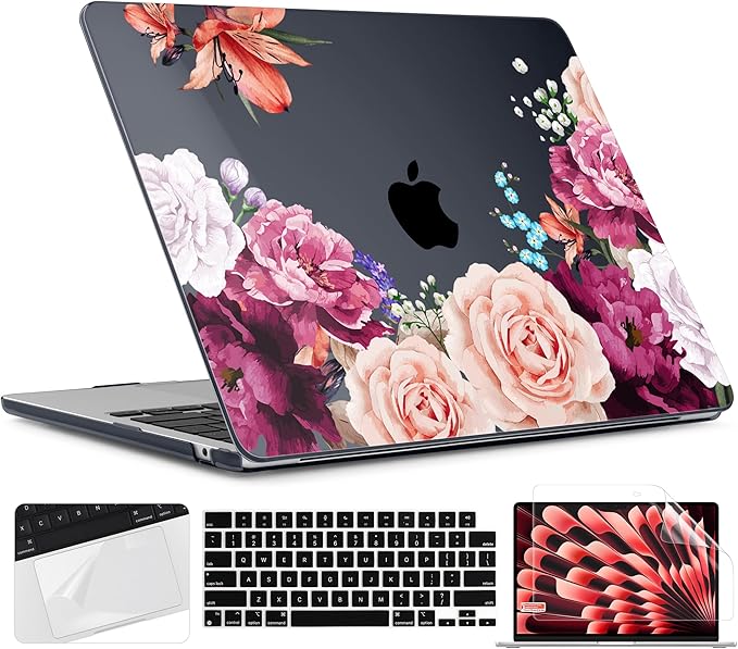 TWOLSKOO for M4 MacBook Air 13.6 inch Case 2025-2022 Release M4 A3240 M3 A3113 M2 A2681, Plastic Hard Shell & Screen Protector & Keyboard Cover & Trackpad Film, Black Peony