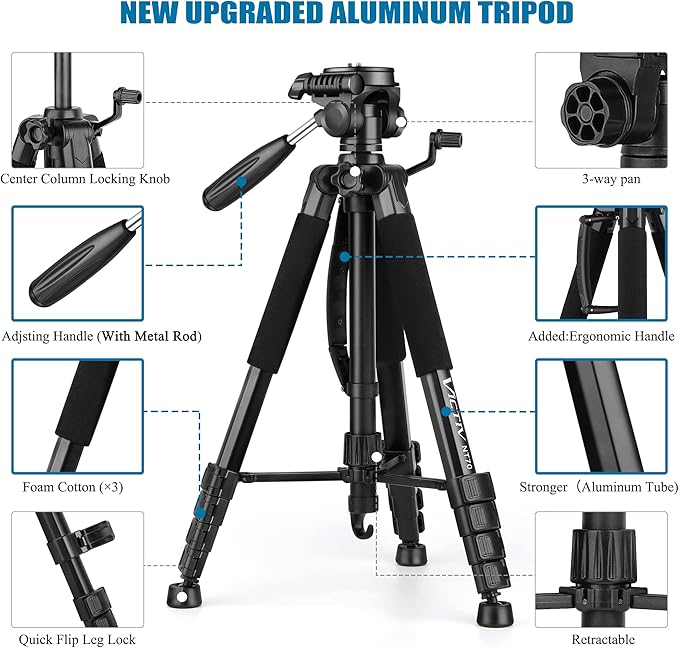 VICTIV 74” Camera Tripod, Tripod for Camera and Phone, Aluminum Professional Tripod Stand for Canon Nikon with Carry Bag and Phone Holder, Compatible with DSLR, iPhone, Spotting Scopes, Max Load 9.5Lb
