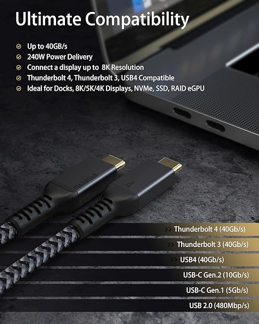 Maxonar [1.6Ft] Thunderbolt 4 Cable, Short Thunderbolt Cable 40Gbps with 240W Charging and 8K/5K@60Hz Compatible with Thunderbolt 4/3, USB4, and USB C