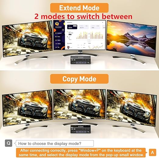 KVM Switch 3 Monitors 2 Computers 8K@60Hz/4K@144Hz, HDMI Displayport KVM Switches for 2 PC Sharing Triple Monitor and Keyboard Mouse with Power Adapter, Wired Extend Controller and USB3.0 Cables