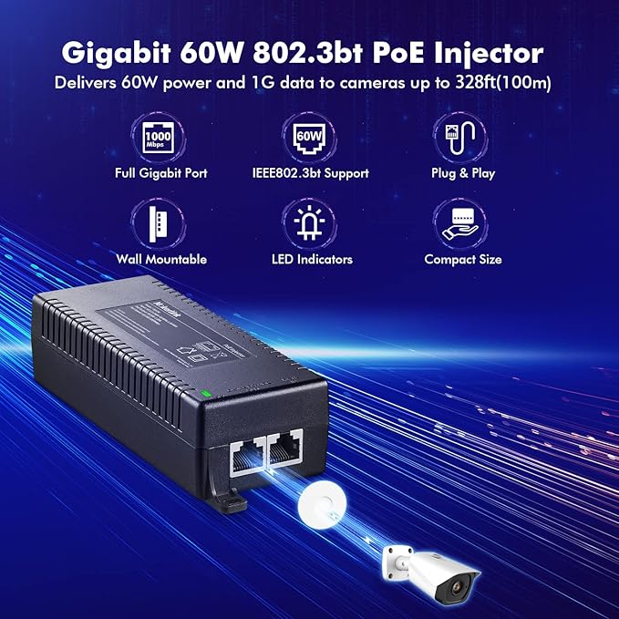 MokerLink Gigabit PoE Injector, 802.3af/at/bt 60W, 10/100/1000Mbps Ethernet, Plug & Play, Distance Up to 100 Meters (328 ft.)