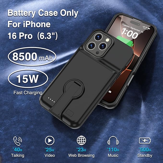 GIN FOXI Battery Case for iPhone 16 Pro, Charging Case with Stand 8500mAh Rechargeable Ultra-Slim Anti-Fall Protection Extended Battery Pack Charger Cover for iPhone 16 Pro Battery Case 6.3" Black