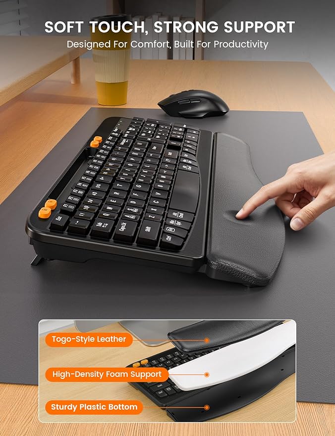 Wireless Keyboard and Mouse Combo, Ergonomic Wave Keys, Cushioned Plam Rest, Rechargeable, Phone Holder, Natural Typing, 2.4G Lag-Free, Full Size Keyboards Cordless Set for Windows/Mac -SABLUTE