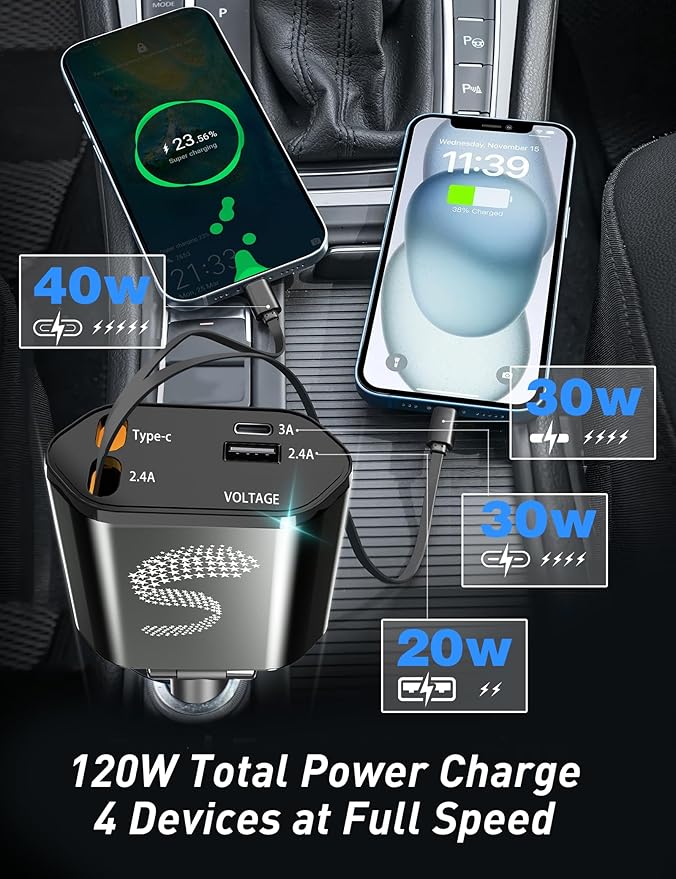 Retractable Car Charger USB C Fast Charging 120W, Car Accessories Cigarette Lighter Adapter Car Charger iPhone16 15 14 13 12 11 Car Essentials Gift for Travelers, Men, Women