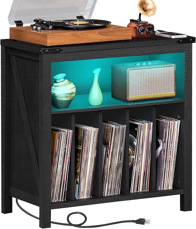 Large Record Player Stand with Charging Station & LED Lights, Vinyl Records Storage Holder Cabinet Holds up to 230 Albums, Turntable Stand for Music Room, Bedroom, Living Room, Office (Black)