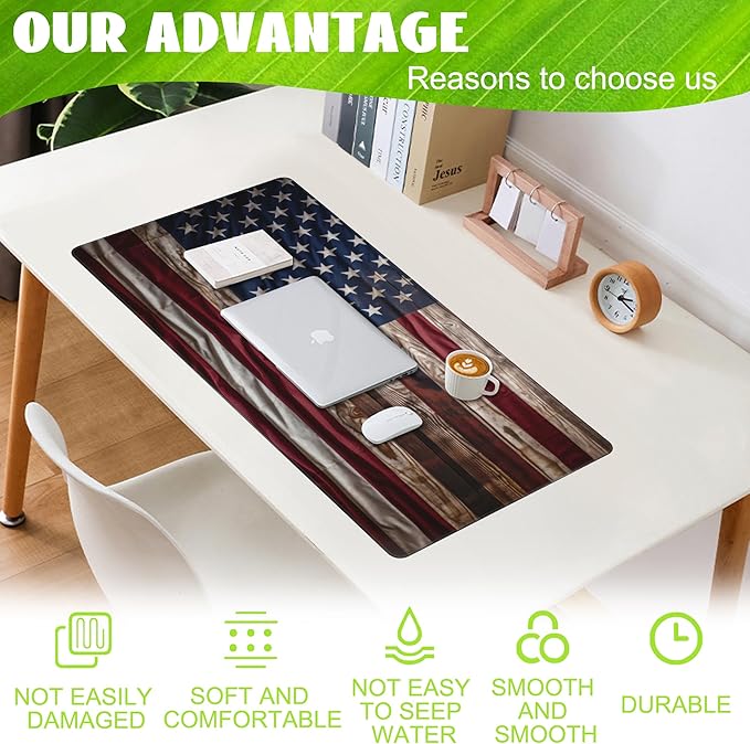 Large Gaming Mouse Pad for Desk,Wooden American Flag Desk Mat,Wooden USA Flag Desk Pad,Extended Big Computer Keyboard Mouse Pad with Non-Slip Base and Stitched Edge,35.4"x15.7"