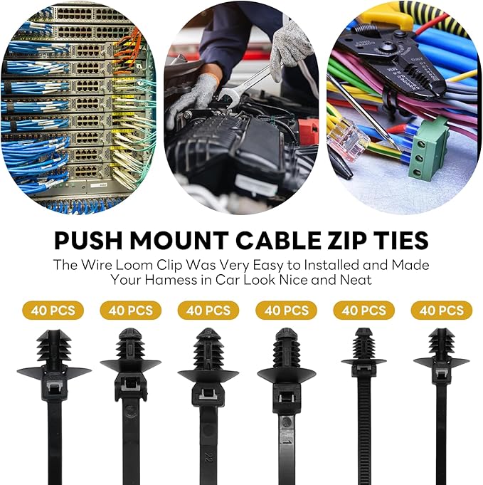 240 Pcs Push Mount Cable Ties Assorted Sizes, Black Nylon Push Mount Zip Ties Wire Harness Clips, 6-Types Snap in Zip Ties Self Locking Automotive Wire Ties for Wire Tying, Automotive