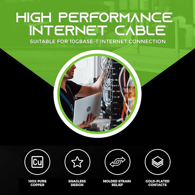 GearIT Cat 6 Ethernet Cable (16-Pack 3 Feet) Cat6 Network Patch, 10Gbps, RJ45, Snagless Cord, Gold-Plated Connectors, Internet for PC, TV, Tablet, Router, Printer, Servers, IT Data Center - Black