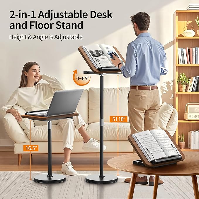 2 in 1 Dual-use Laptop Floor Stand & Laptop Stand for Desk, Small Adjustable Table with Height Adjustable from 16.5" to 51", Wooden Portable Tall Laptop Stand for Projector, Ipad, Tablet, Recipe