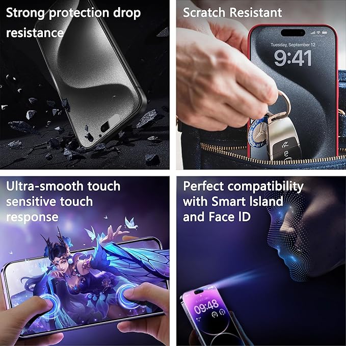 (2-Pack Anti Blue Light Matte Screen Protector for iPhone 15 Pro Max (6.7-Inch),9H Tempered Glass,Anti-Glare,Full Coverage,Anti-Fingerprint,Auto Dust Removal,Bubble-Free