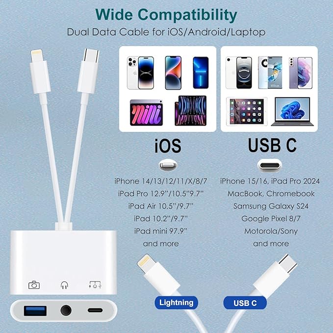 USB-C & Lightning to 3.5mm Headphone Adapter, 3-in-1 USB OTG Camera Adapter & Aux Headphone Splitter, Supports Charging/Audio/Data Transfer for iPhone 16/15/14/13/12, Samsung Galaxy S25/24, Laptops