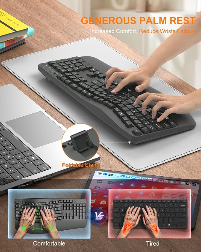 EDJO Ergonomic Wireless Keyboard for Large Hands, with Wrist Rest, Wave Keys, 2.4GHz Full Size Ergo Cordless USB Computer Keyboard, Comfortable Natural Typing, for Laptop, Mac, Windows (Gray)