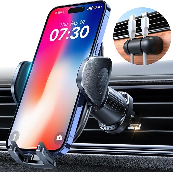 YRU Car Phone Holder [2025 Upgraded Metal Hook Clip], Phone Holders for Your Car [No Fear of Bumps] Air Vent Cellphone Mount Widely Compatible with iPhone16 15 14 13 12 Samsung Android, Black