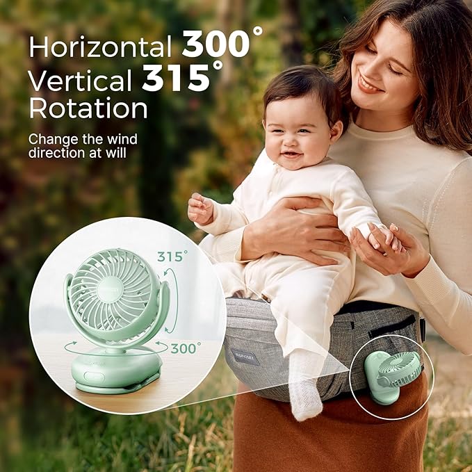 Momcozy Portable Fan with Clip | 4-Speed Mini-Fan for Carrier | Personal Fans Ultra Lighter 0.26lb | Gaps ≤4.5mm | Handheld Cooling | Rechargeable Rotate for Diaper Backpack/Stroller/Carrier/Chair