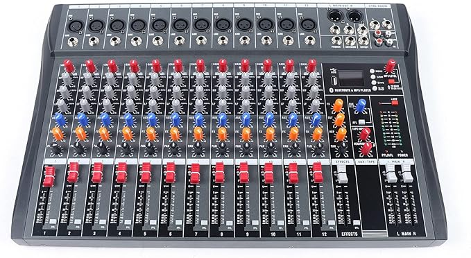 Pro 12 Channels Live Audio Mixer Bluetooth USB DJ Sound Mixing Console with 3 Stage Equalization Regulate 6 Modes Of Music for Family Ktv,Campus Speech,Meeting