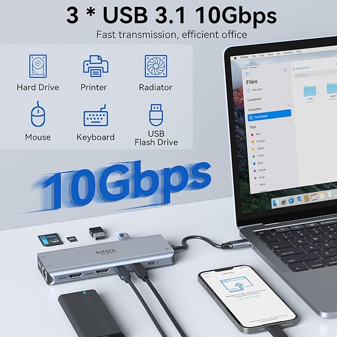 USB C Docking Station Dual Monitor,Selore 13 in 1 USB C Hub 3 Monitors with Dual HDMI,DP,10G USB A/C,100W PD,5 USB A/C Ports,Gigabit Ethernet,Laptop Docking Station for Dell,Hp,Lenovo,MacBook.etc
