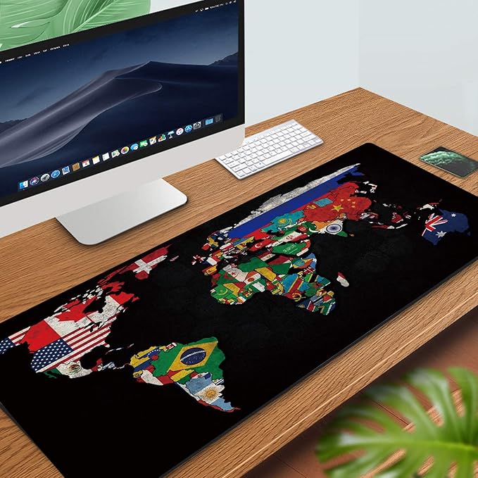 RTGGSEL 31.5x11.8 Inch Non-Slip Long Extended Large Gaming Mouse Pad with Stitched Edges XL Laptops Keyboard Mouse Mat(Black World Flag Map)