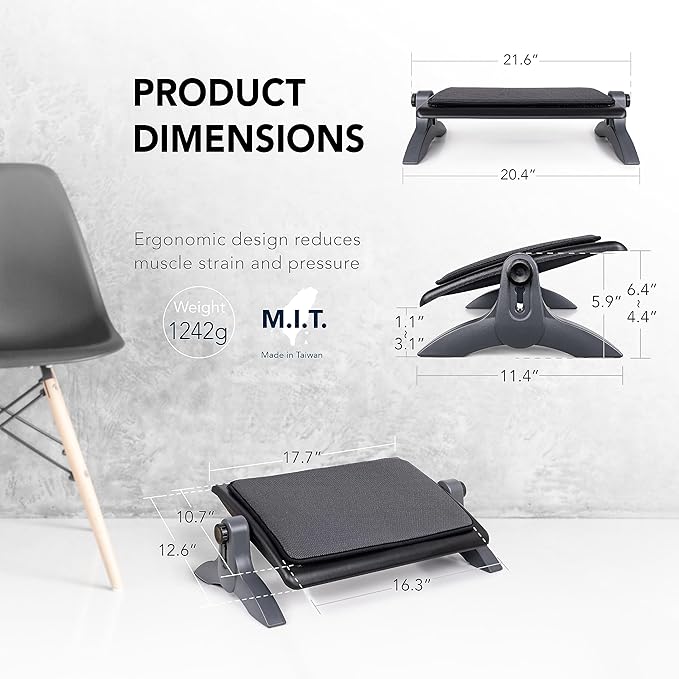 EHO Ottoman, Ergonomic Foot Rest for Under Desk, Adjustable Height and Angle, Sponge Platform, Anti-Slip, Ankle Support, Detachable Washable Cushion, Back and Leg Pain Relief, 21.6" L x 11.4" W, Black