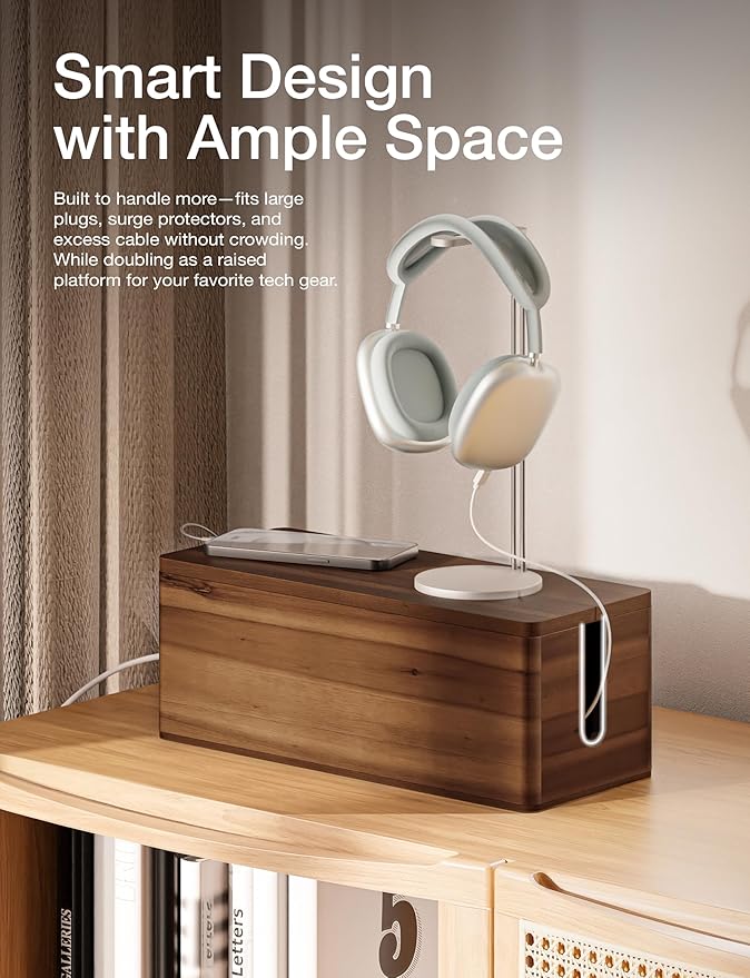 Acacia Wood Large Cable Management Box Round Edge - 16" L Wooden Power Strip Box, Surge Protector Box - Cable Hider Box for Office, Living Room - 2 Open Slots, Magnetic Lid (Walnut Color)